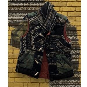 Vtg💚🤑Y2K Da-Nang Military Vest Camo Back Fair Isle Wool Knit Toggle Front M